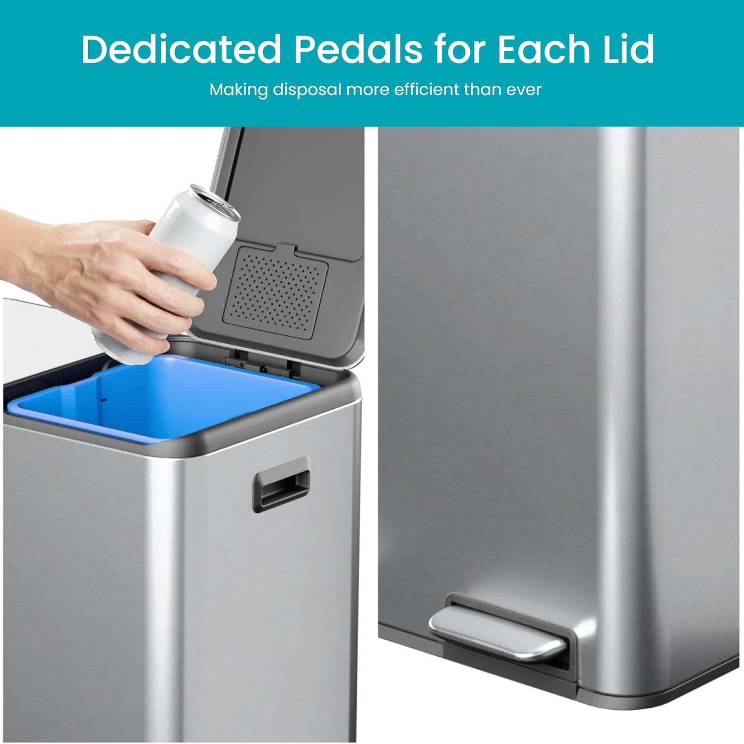 Home Zone Living 16 Gallon Kitchen Trash Can with Dual Compartments for Recycling, Stainless Steel, Silver, 60 Liters Total : Home & Kitchen