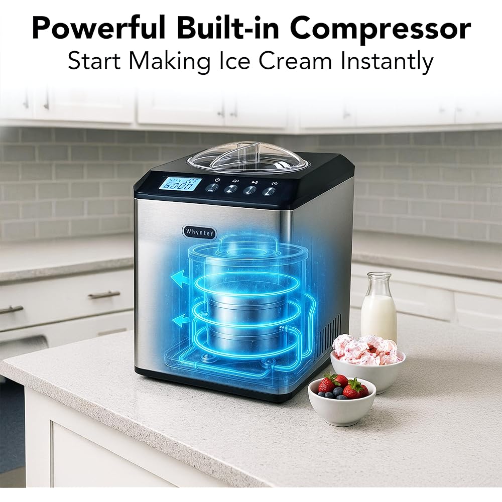Whynter Ice Cream Maker Machine Automatic 2.1 Qt. Upright with Built-In Compressor, LCD Digital Display & Timer, No Pre-Freezing, ICM-201SB, Stainless Steel : Home & Kitchen