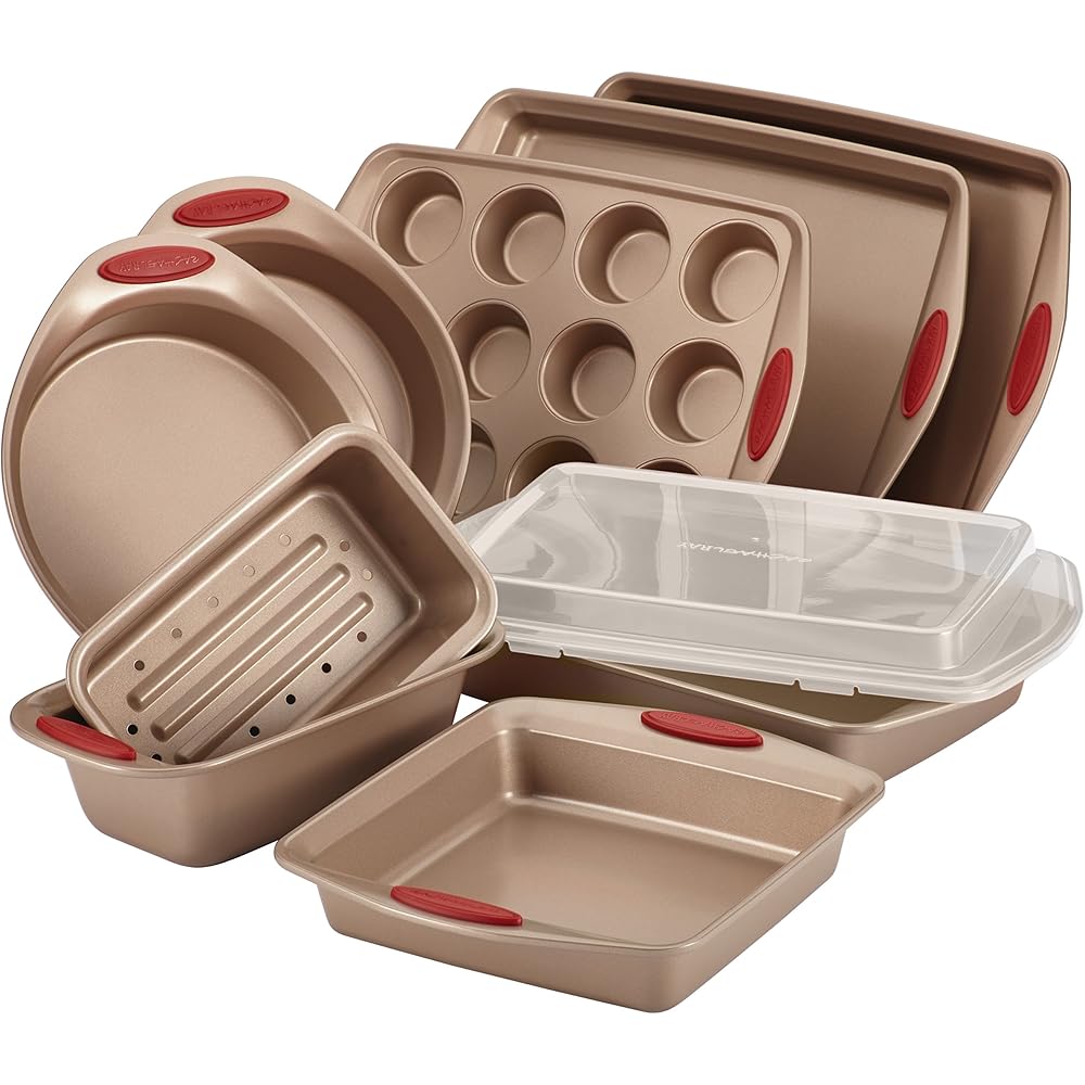 Rachael Ray Cucina Nonstick Bakeware Set Baking Cookie Sheets Cake Muffin Bread Pan, 10 Piece, Latte Brown with Cranberry Red Grips: Home & Kitchen