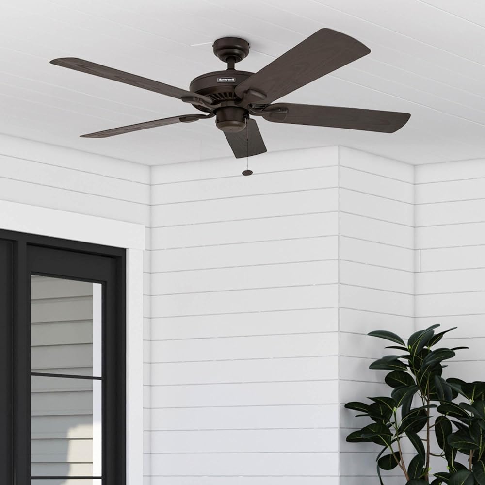 Honeywell Ceiling Fans Belmar 52 Inch Ceiling Fan Without Light, Outdoor Ceiling Fan with Pull Chain, Tri-Mount Traditional 5 Blade Design, ETL Wet Rated, Bronze (50199-01) -