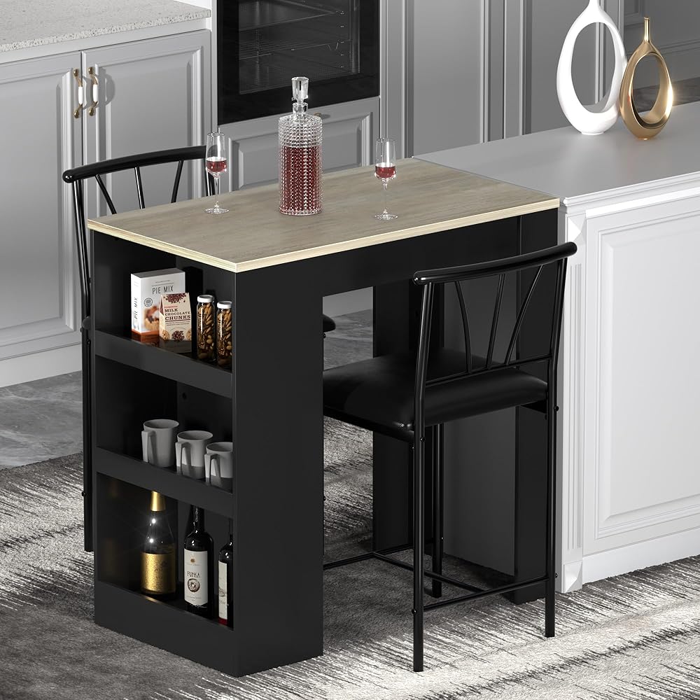 VECELO Small Bar Table and Chairs Tall Kitchen Breakfast Nook with Stools/Dining Set for 2, Storage Shelves, Space-Saving, Gray : Home & Kitchen