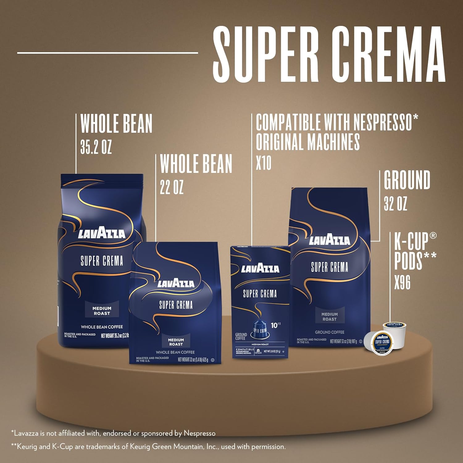 Lavazza Super Crema Whole Bean Coffee, Medium Espresso Roast, Arabica and Robusta Blend, 2.2 lb Bag, Package May Vary (Pack of 6)