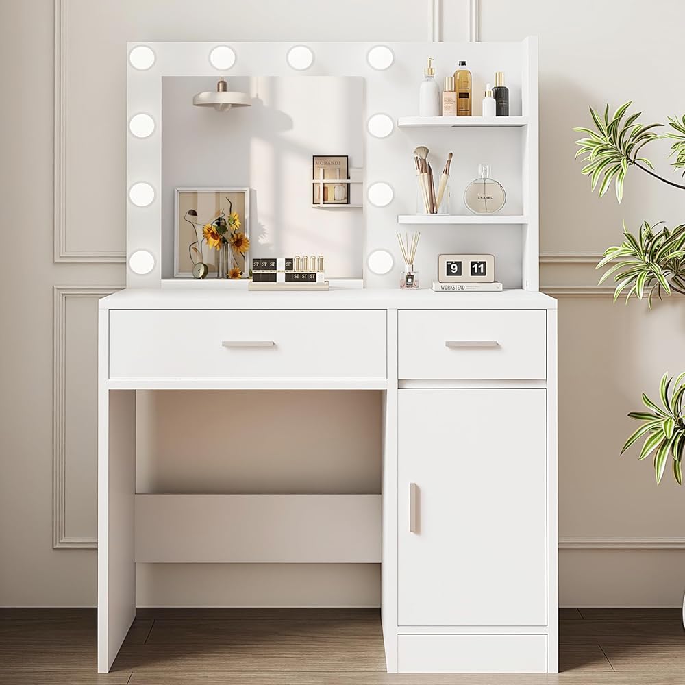 LIVELYGLOW Vanity Desk with Mirror and Lights, Makeup Vanity with Drawer & Storage Shelves, Cabinet, 3 Lighting Modes Adjustable Brightness, Bedroom Dressing Table, White by Boahaus : Home & Kitchen