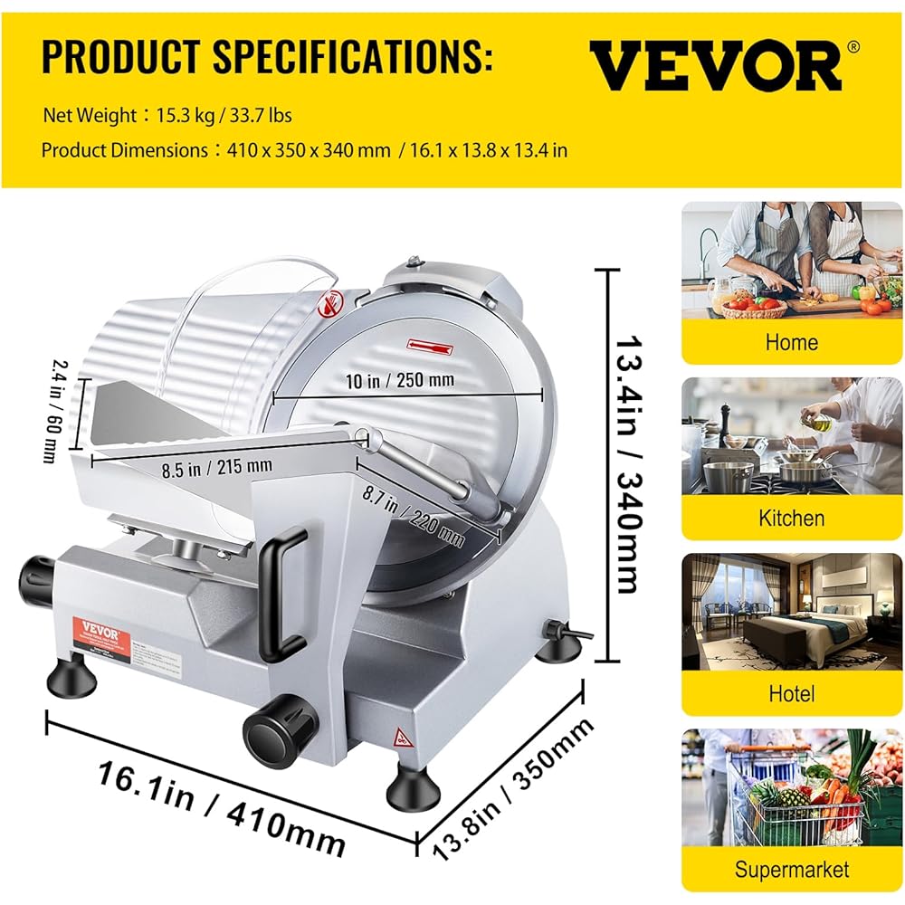 VEVOR Commercial Meat Slicer, 10 inch Electric Food Slicer, 240W Frozen Meat Deli Slicer, Premium Chromium-plated Steel Blade Semi-Auto Meat Slicer For Commercial and Home use: Home & Kitchen