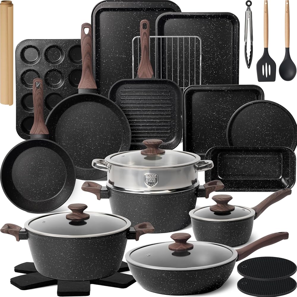 Kikcoin Pots and Pans Set Non Stick 31 Piece Kitchen Nonstick Cooking Cookware Sets with Grill Pan Saucepan Baking Sheet Utensil: Home & Kitchen