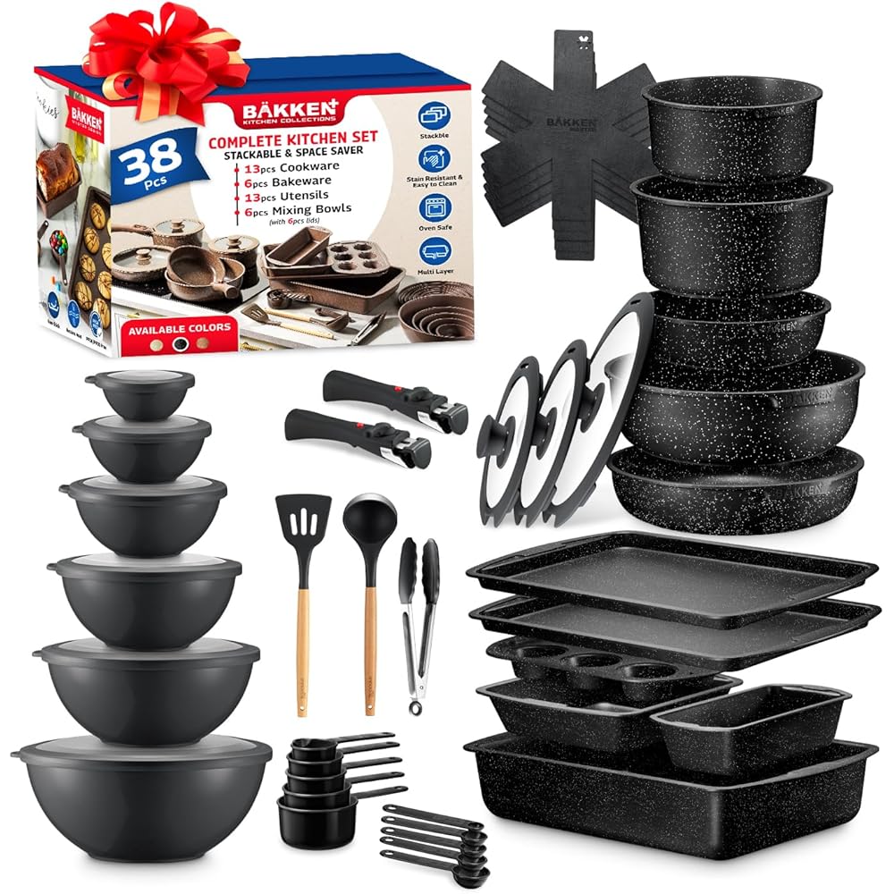 Bakken Master 38 Piece Granite Cookware & Bakeware Set – Nonstick Granite Coating, Pots and Pans with Detachable Handle and Tempered Glass Lids, 6-piece Bakeware set, 12-piece Mixing Bowls,Gray Marble: Home & Kitchen