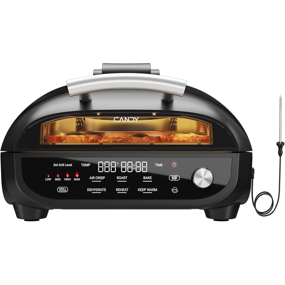 CANDY™ Indoor Grill and Air Fryer Combo with Ceramic Accessories, 7-IN-1 Digital Display, 360° Heating Electric, 500°F Max, Large Viewing Window, Roast, Bake & Dehydrate, Adjustable Temps, Easy Clean : Home & Kitchen