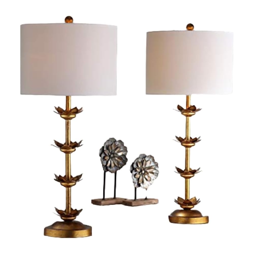SAFAVIEH Lighting Collection Lani Antique Gold Leaf 32-inch Bedroom Living Room Home Office Desk Nightstand Table Lamp Set of 2 (LED Bulbs Included) -
