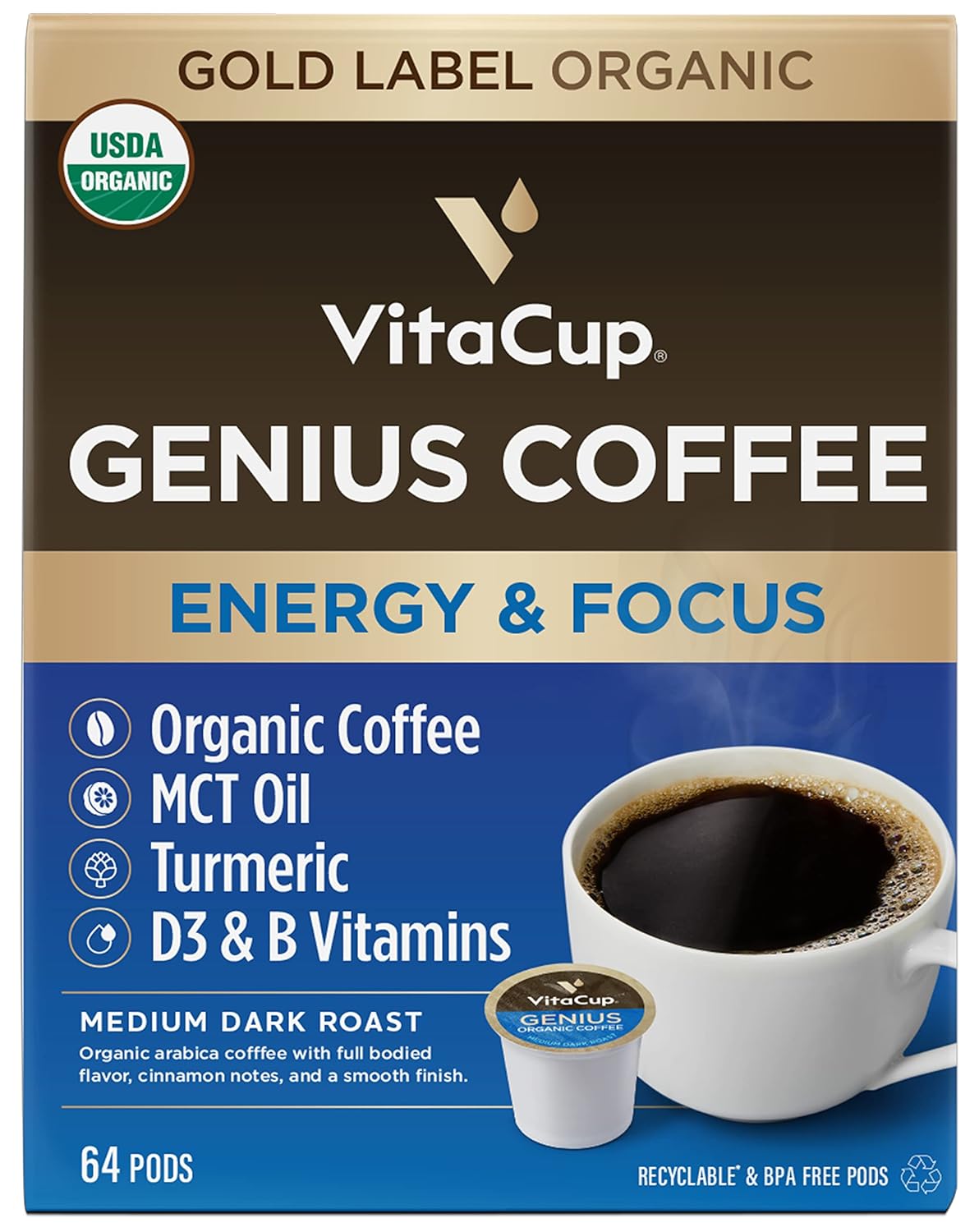 VitaCup Organic Genius Keto Coffee Pods, Increase Energy & Focus w/MCT Oil, Turmeric, B Vitamins, D3, Medium Dark Roast, Bold, Smooth, Single Serve Pod Compatible w/Keurig K-Cup Brewers,64 Ct : Grocery & Gourmet Food