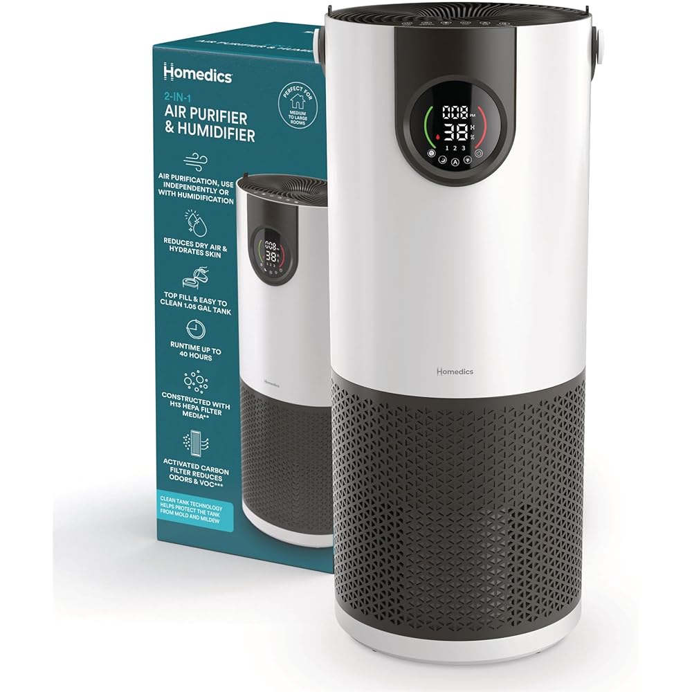 Homedics 2-in-1 Cool Mist Humidifier & Air Purifier – Humidifies & Purifies Air, Digital Air Quality Sensor, Auto Mode, Stylish Tower Design, Ideal for Medium-Large Rooms : Home & Kitchen