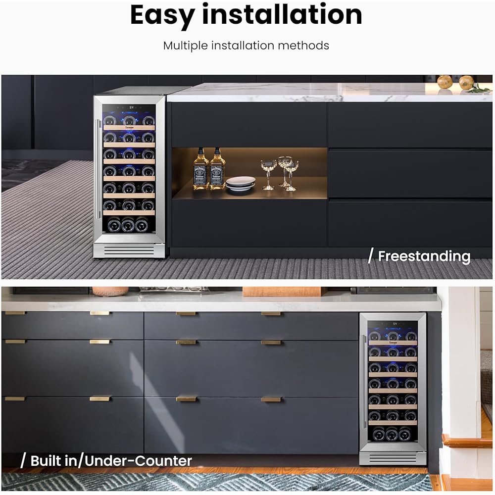 Yeego Wine Fridge - 15 inch 33 Bottles 40-65℉ Temperature Touch Control, Built-In/Under Counter/Freestanding Wine Cooler Refrigerator with Glass Door, Perfect for Bar, Home, Kitchen Cabinet, Office : Home & Kitchen