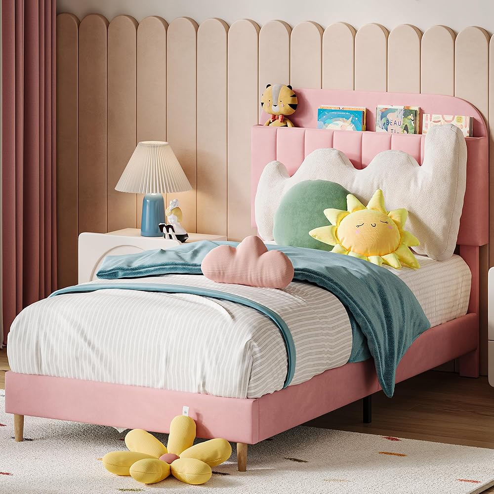 IDEALHOUSE Twin Bed Frames, Upholstered Platform Bed Frame with Bookcase Headboard, Velvet Platform Bed Mattress Foundation, Heavy Duty Steel Support Legs, Easy Assembly, Noise Free, Pink : Home & Kitchen