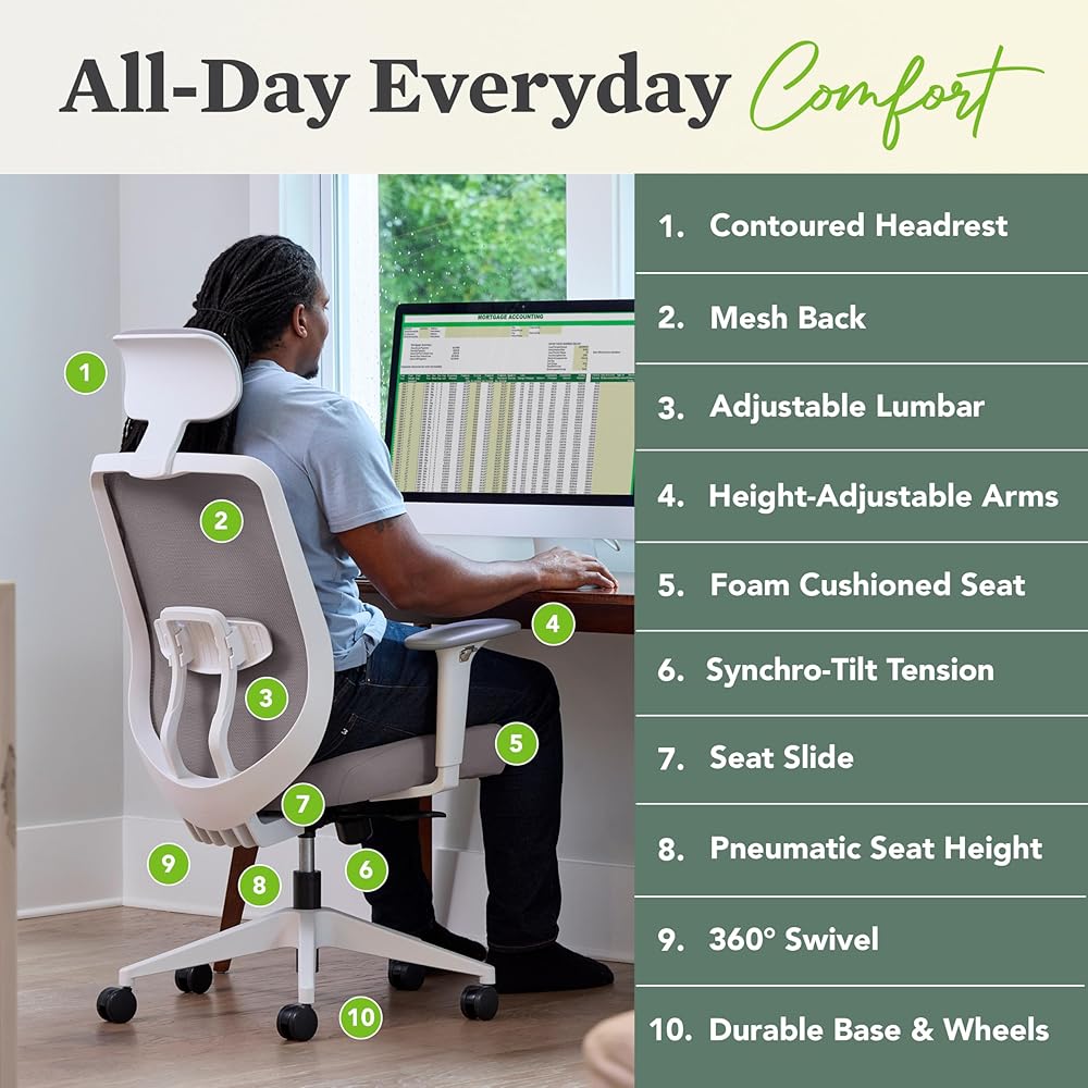 HON Altern Ergonomic Office Chair with Headrest, Arms, Wheels, Foam Cushion Seat, Mid Back Home Office Desk Chair Comfy, Height Adjustable Arms, Synchro-Tilt, Seat-Slide, Black : Home & Kitchen