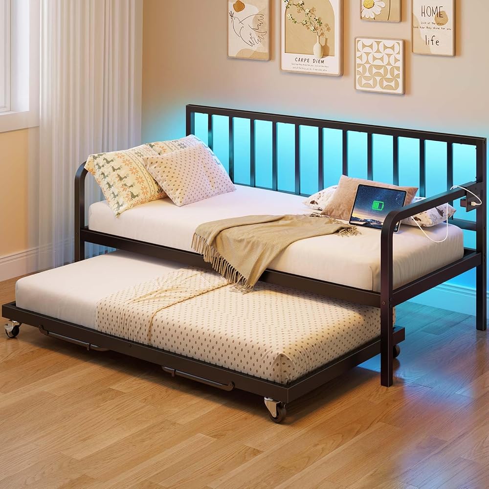 Rolanstar Daybed with Charging Station and LED Lights, Height Adjustable Twin Daybed with Trundle, Metal Sofa Bed Frame with Steel Slat Support for Living Room, Bedroom and Guest Room, Black : Home & Kitchen