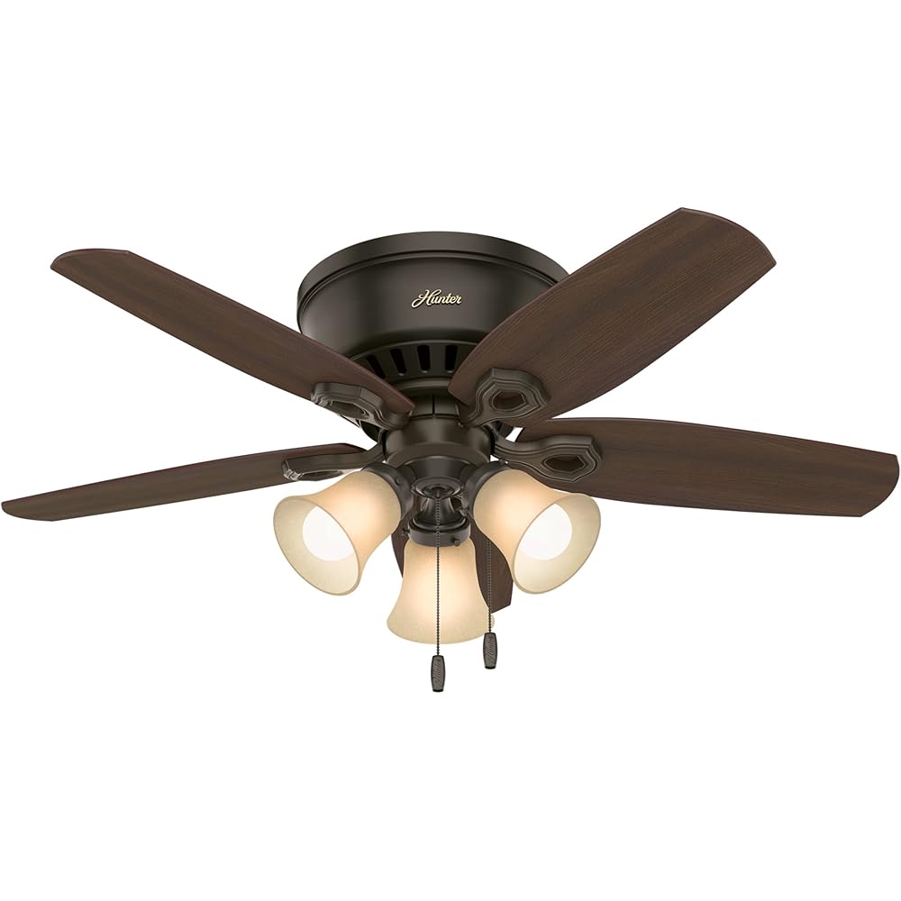 Hunter Fan Company, 51090, 42 inch Builder Snow White Low Profile Flush Mount Ceiling Fan with Lights, LED Light Kit, Pull Chain, New Bronze Finish -