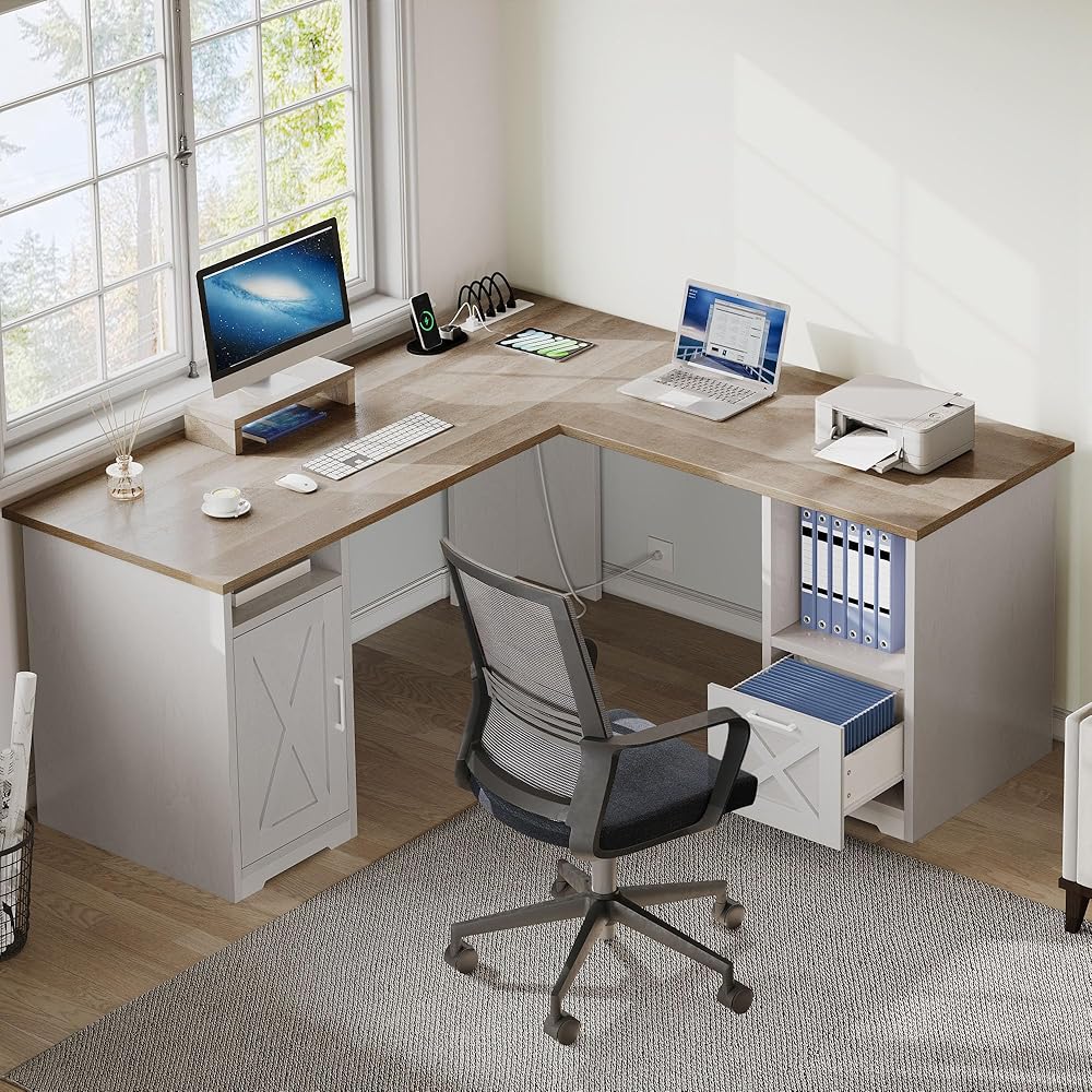 DWVO L Shaped Desk with File Drawer, 60