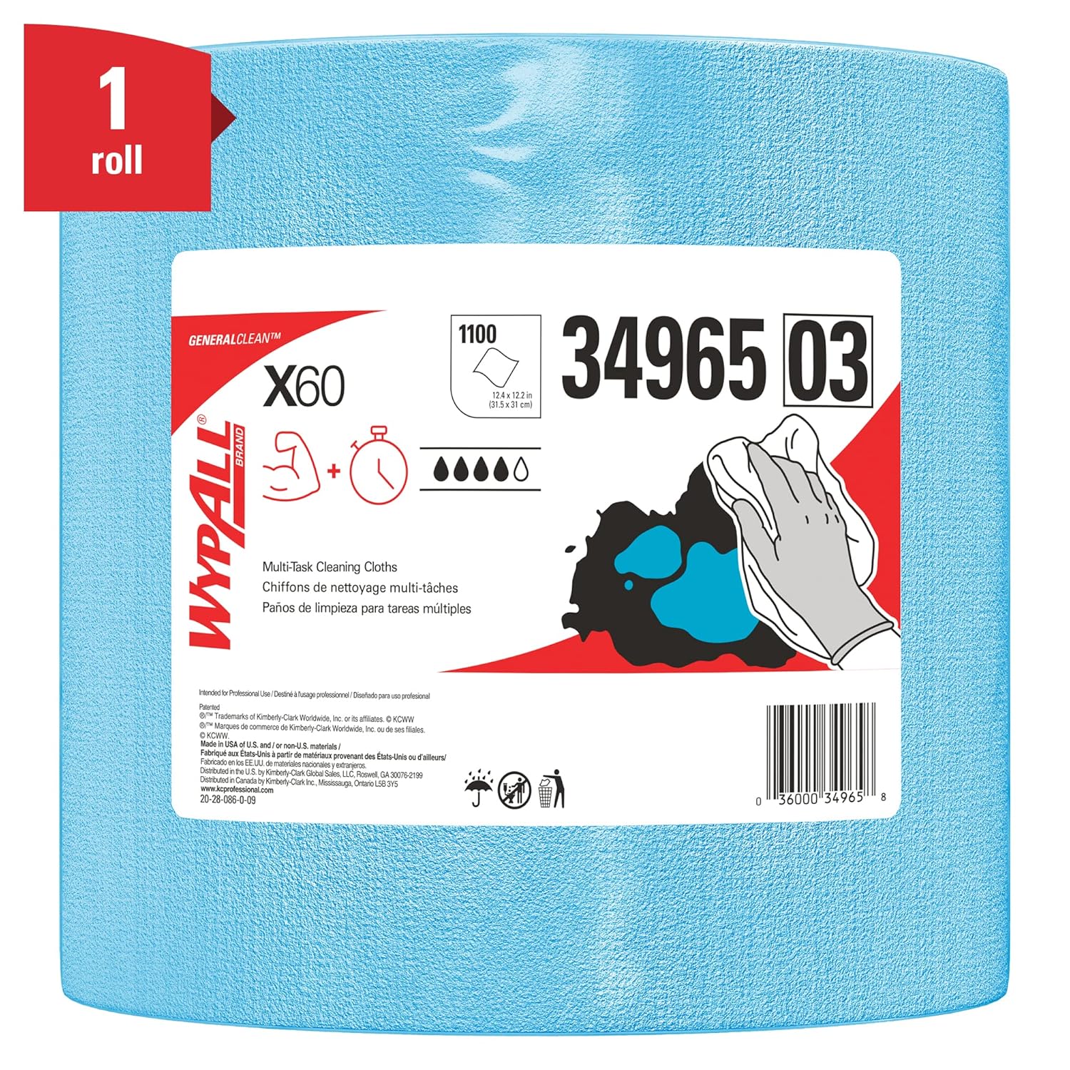 WypAll GeneralClean X60 Cloths Multi-Task Cleaning Wipes, Jumbo (34965), Strong and Absorbent Towels, Blue (1 Roll of 1,100 Sheets, 1,100 Sheet Total) : Health & Household