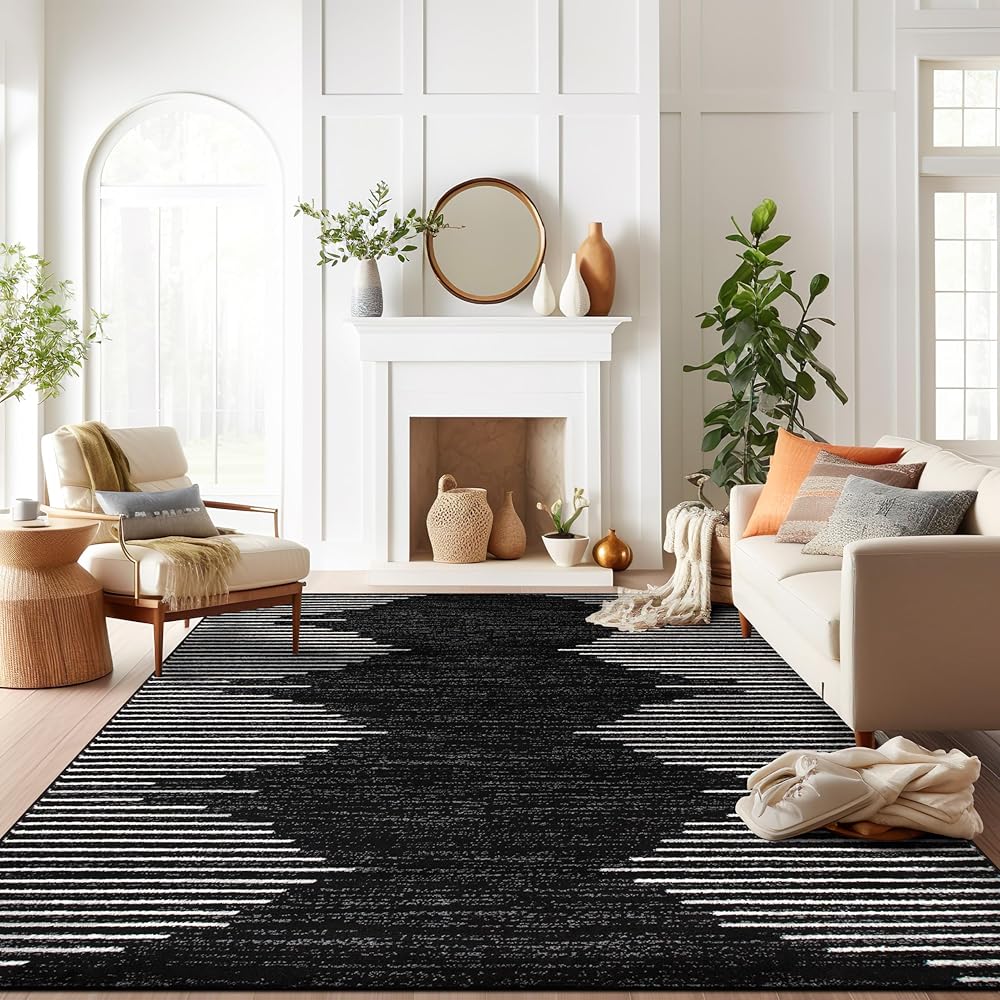 Rugshop Bohemian Stripe Stain Resistant High Traffic Living Room Kitchen Bedroom Dining Home Office Area Rug 8' x 10' Black : Home & Kitchen