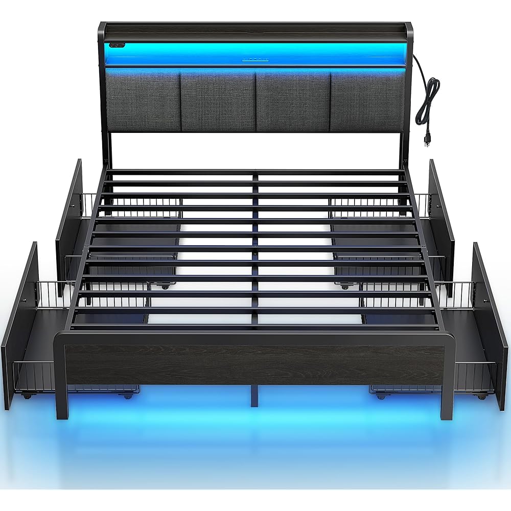 Rolanstar Bed Frame Full Size with Charging Station and LED Lights, Upholstered Storage Headboard with Drawers, Heavy Duty Metal Slats, No Box Spring Needed, Noise Free, Easy Assembly, Dark Grey : Home & Kitchen