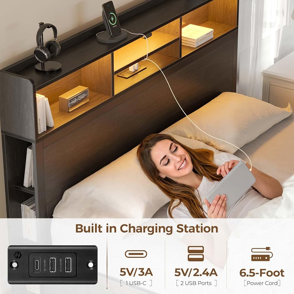 Rolanstar Queen Bed Frame with Storage,4-Drawer Platform Bed with USB Charging Station,Built in LED Lights and Bookcase Headboard,No Box Spring Needed,Easy Assembly,Noise-Free,Black : Home & Kitchen