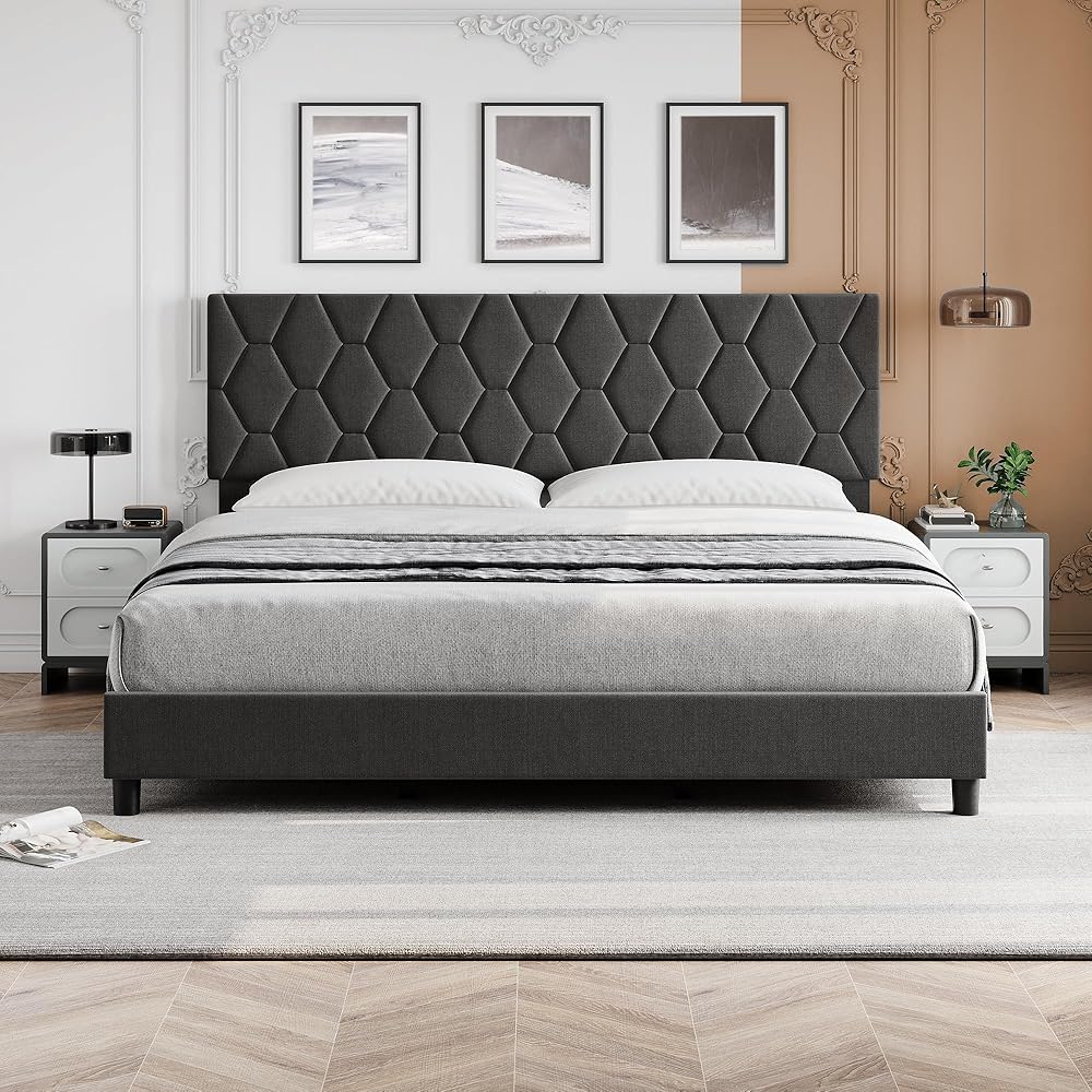 GAOMON Grey King Upholstered Bed Frame with Headboard, Heavy-Duty Platform Bed Frame with Strong Wood Slats, No Box Spring Needed/Easy Assembly/Noise Free : Home & Kitchen