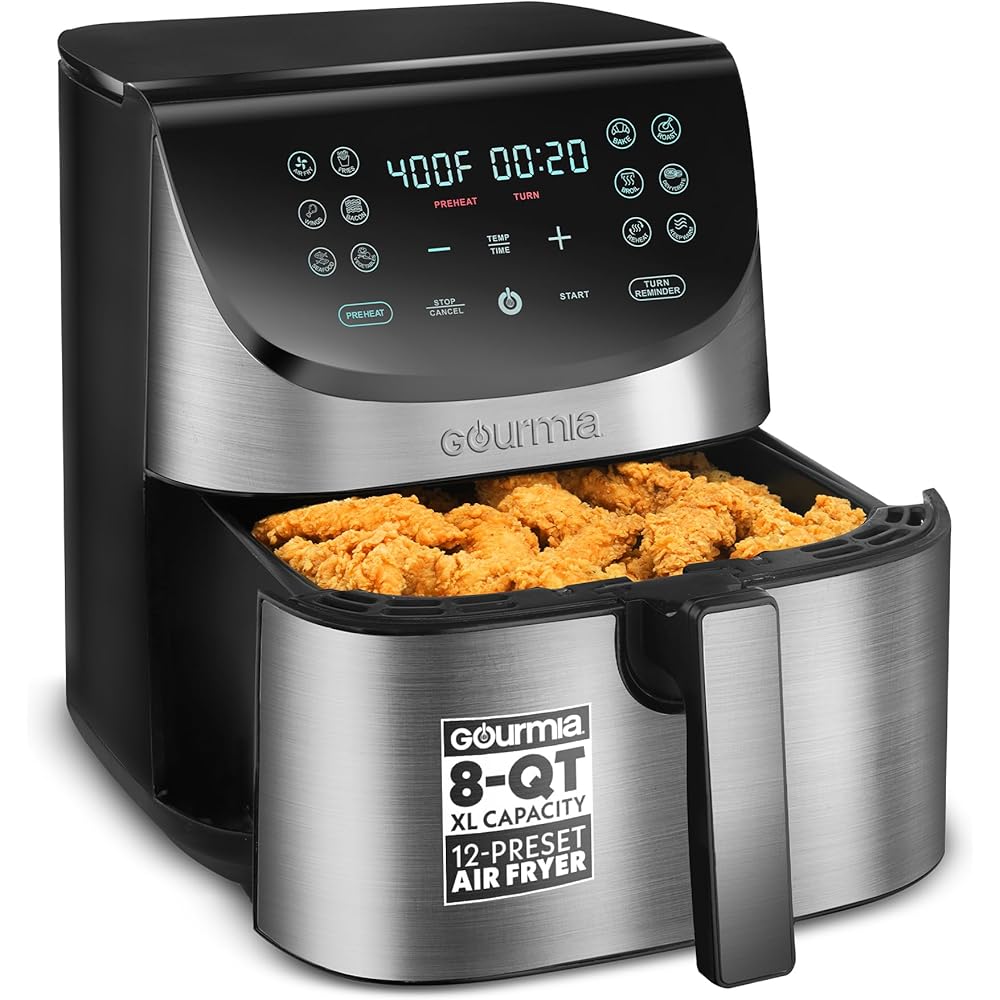 Gourmia Air Fryer Oven Digital Display 8 Quart Large AirFryer Cooker 12 Touch Cooking Presets, XL Air Fryer Basket 1700w Power Multifunction GAF856 Black and Stainless stainless steel air fryer : Home & Kitchen