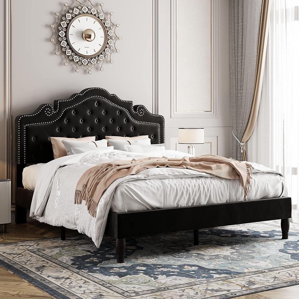 Allewie Queen Velvet Bed Frame with Adjustable Headboard, Wooden Slats, No Box Spring Needed, Easy Assembly, Black : Home & Kitchen