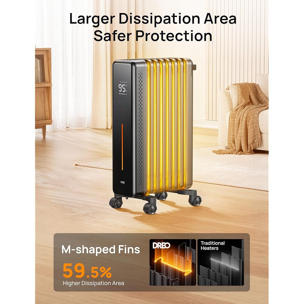 Dreo Radiator Heater, 8 Safety Protection Oil Filled Radiator Heater for Indoor Use, 1500W Electric Heaters for Large Room, 8 Fins, with Remote, 4 Modes, Digital Thermostat, 24H Timer, Quiet : Home & Kitchen
