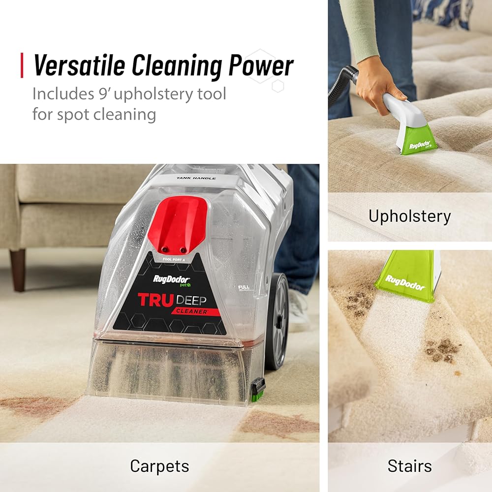 - Rug Doctor Pet TruDeep Carpet Cleaner, Pet Upholstery Tool, Best-In-Class Suction Power, Dual Brush Cross-Action Technology for One-Pass Cleaning