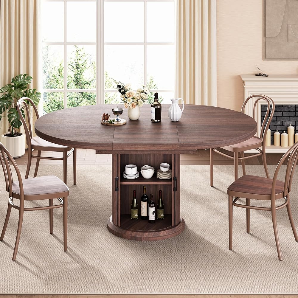 - Dining Table for 4-6,63“Extendable Round Kitchen Dining Room Table with 2-Tier Storage Shelf, Space Saving Expandable Wood Oval Circle Dinner Furniture with Pedestal Base (Brown) - Tables