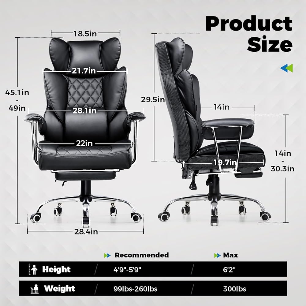 COMHOMA Big and Tall Office Chair, High Back Leather Gaming Chair with Footrest, Executive Ergonomic Office Chair with Pocket Spring Lumbar Support and with Outward Fixed Soft Armrests : Home & Kitchen