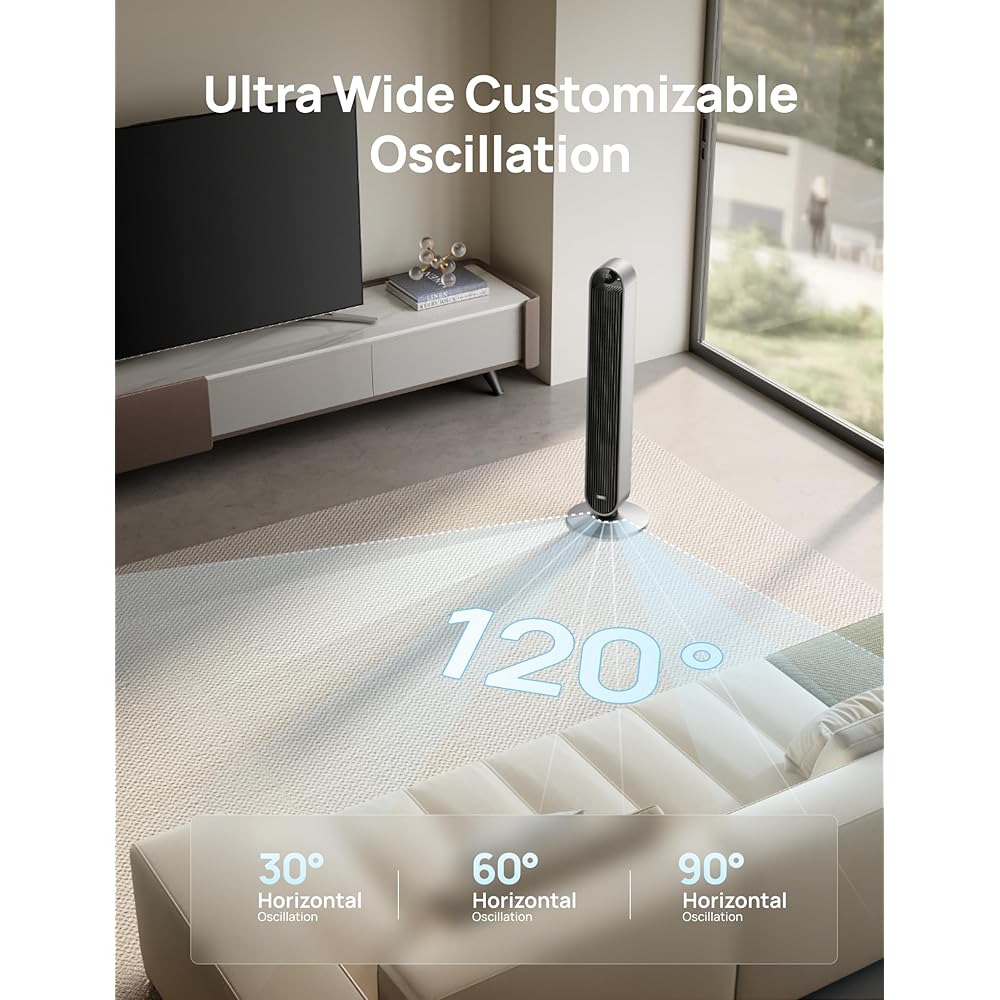 Dreo Tower Fan for Bedroom, 42 Inch 120° Oscillating Fan, 25dB Quiet DC Motor, 28ft/s Velocity Bladeless Standing Fan with 12 Speeds, 4 Modes, 12H Timer Cooling Fans for Home, Living Room, Pilot Max S : Home & Kitchen
