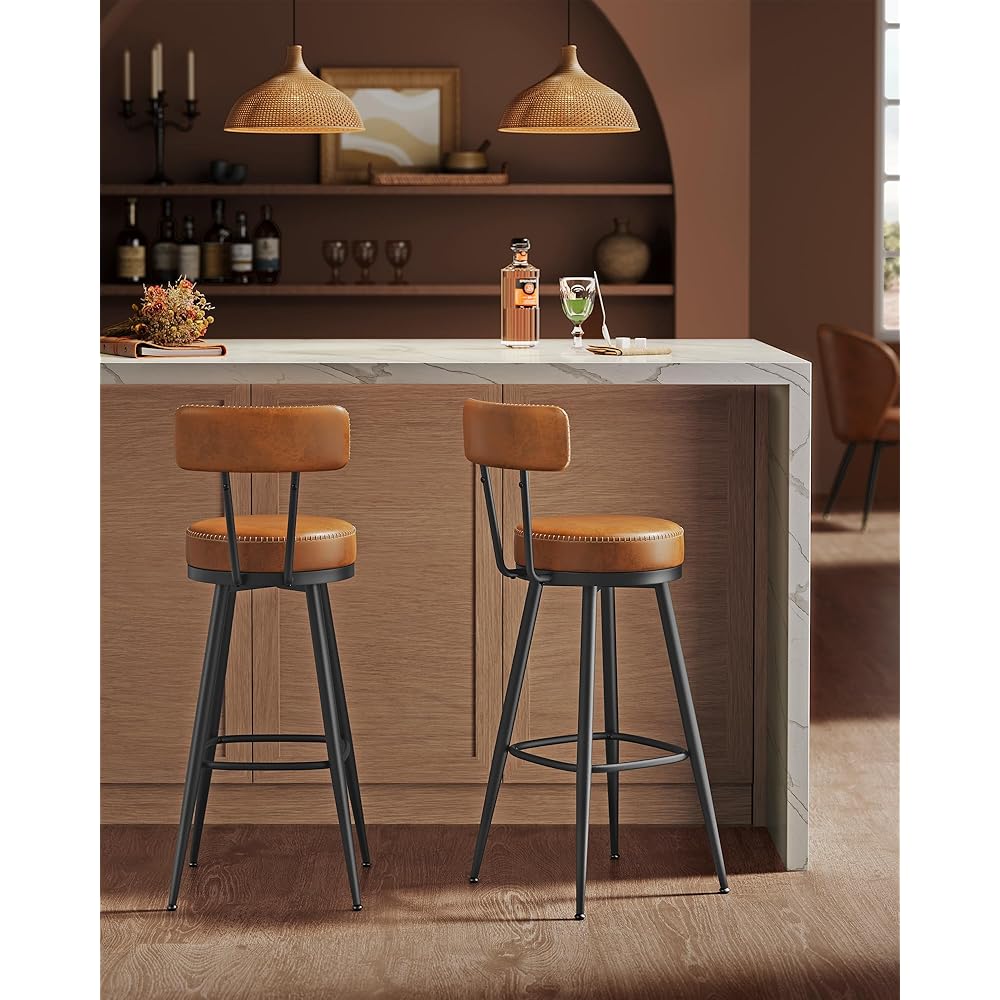 VASAGLE EKHO Collection - Bar Stools Set of 2, Swivel Bar Height Bar Stools with Back, Synthetic Leather with Stitching, Mid-Century Modern, 30-Inch Tall Barstools for Kitchen Home Bar, Caramel Brown : Home & Kitchen