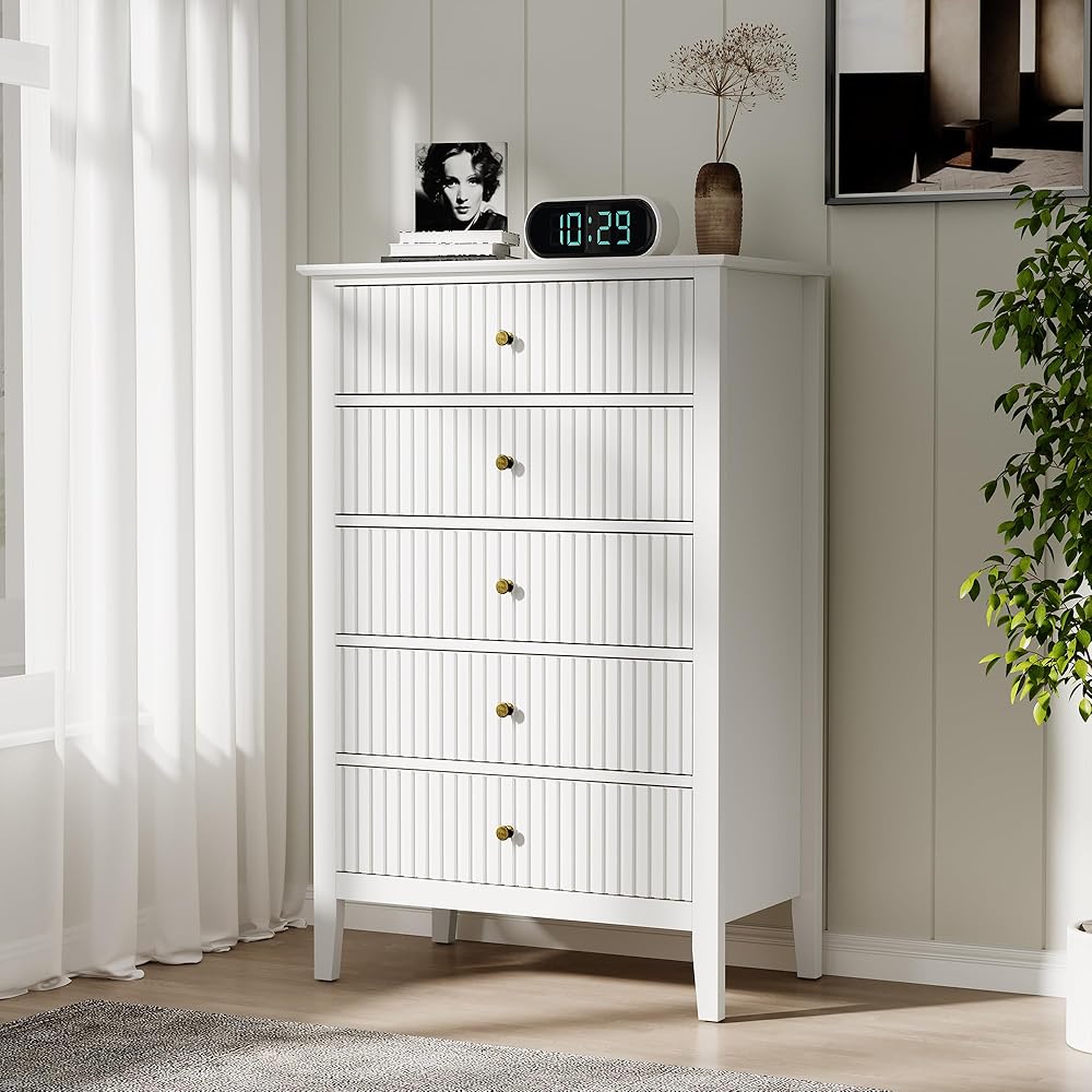 RoyalCraft White Fluted 5 Drawer Dresser for Bedroom, Tall Chest of Drawers, Waterproof Lacquered Desktop,Modern Wood Storage Cabinet for Living Room : Home & Kitchen