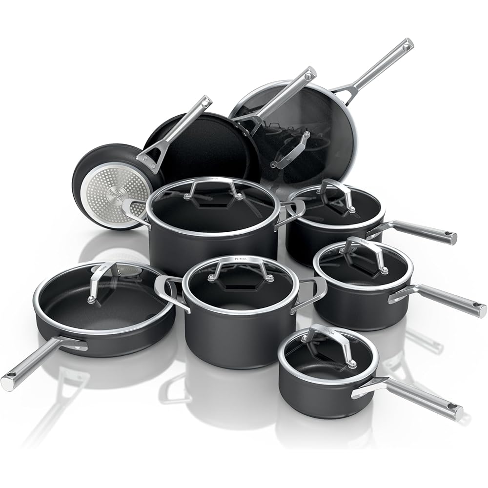 Ninja Cookware, Ninja NeverStick Professional, 16-Piece Pots and Pans Set, Non Stick Frying Pans, Kitchen Essentials, Stock Pot, Sauce Pan, Glass Lids, Saute Pan, All Stovetops, Black, C39900