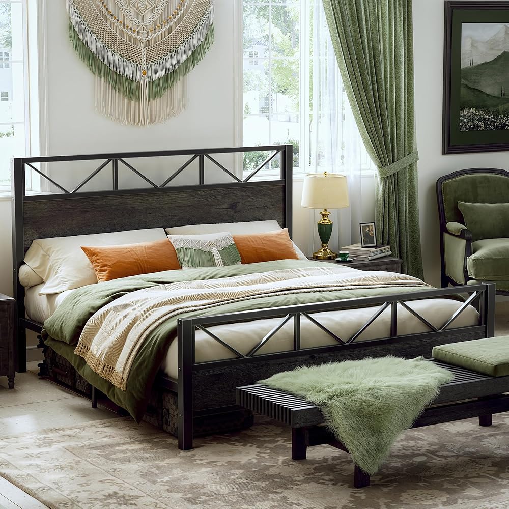 LIKIMIO King Bed Frame, Tall Industrial Headboard 51.2