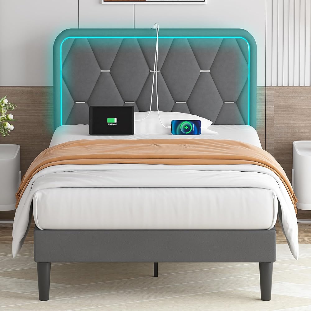 VECELO Upholstered Twin Bed Frame with Headboard Adjustable, Velvet Platform Bed with LED Lights, Charging Station, Mattress Foundation with Wooden Slats, Noise Free, No Box Spring Needed, Grey : Home & Kitchen