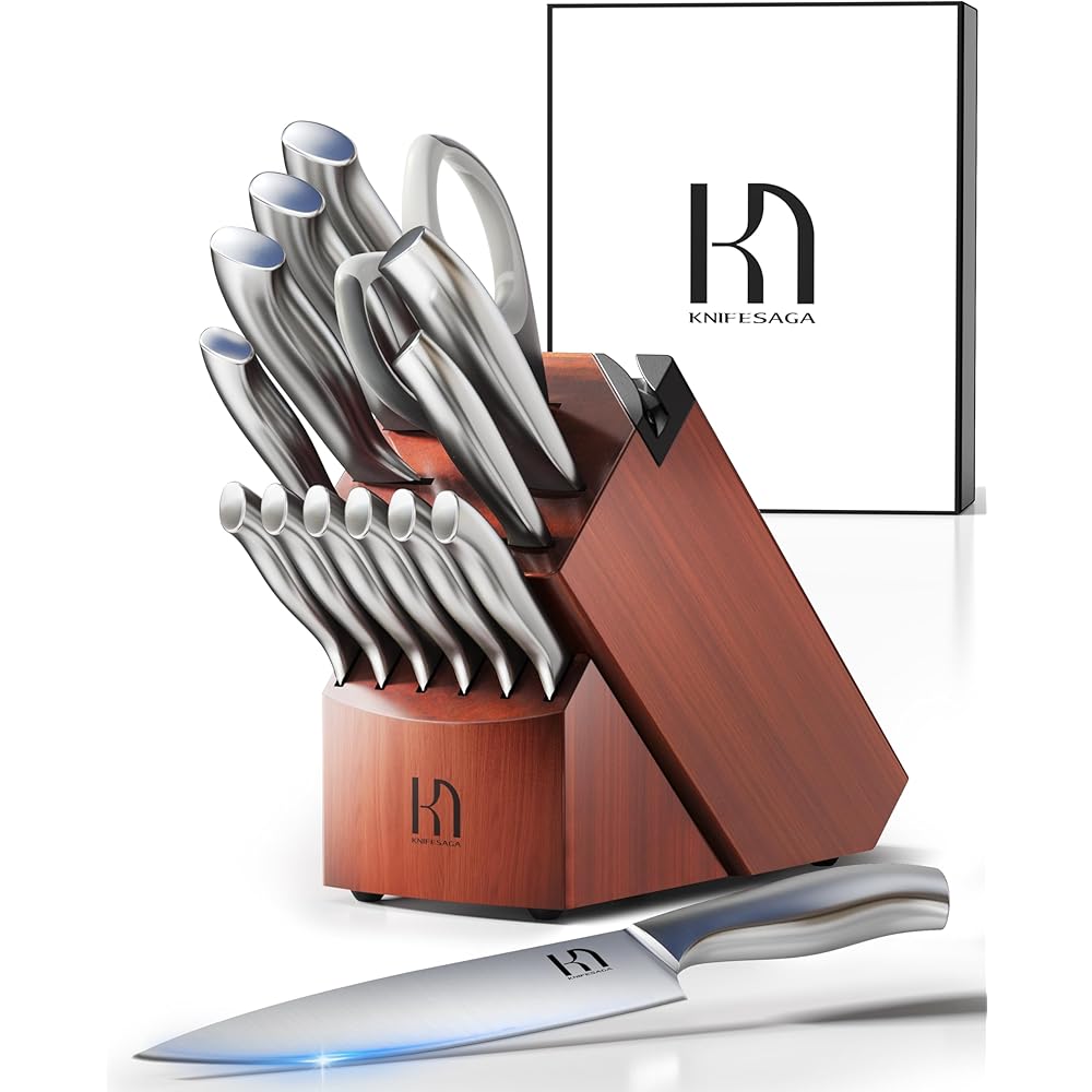 KnifeSaga Kitchen Knife Block Set, Enduring Sharpness Premium Knife Set with Block, 14 Pcs Japanese High Carbon Stainless Steel Knives Set for Kitchen, Chef Knife Set with Block and Built in Sharpener: Home & Kitchen