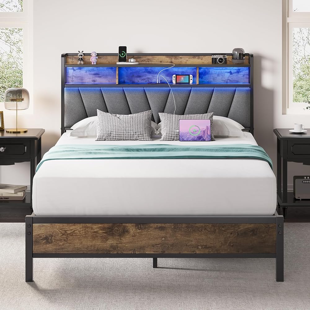 Welzona Full Size Bed Frame with Headboard, LED Lights Full Bed Frames with Charging Station, 2-Tier Storage Shelves, Heavy Duty Metal Slats, Noise-Free, No Box Spring Needed, Easy Assembly, Brown : Home & Kitchen