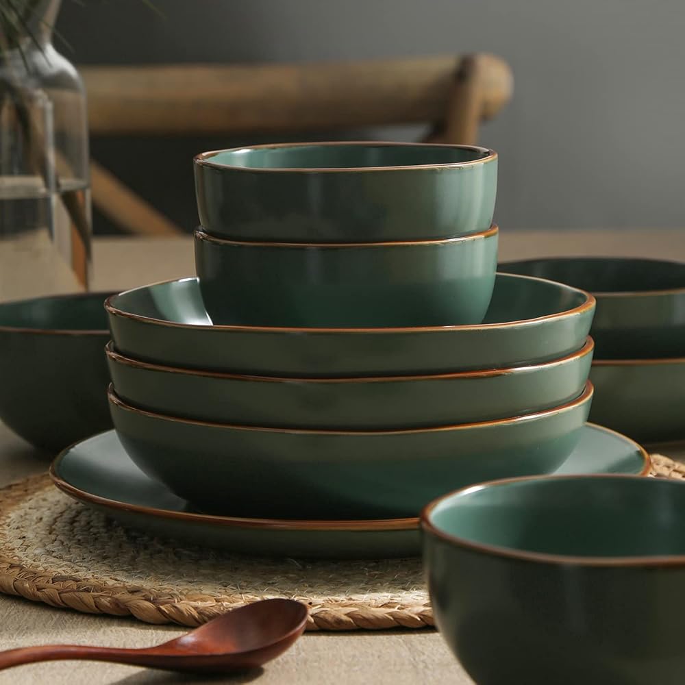 | Stone Lain Brasa Modern Stoneware 32 Piece Dinnerware Sets, Plates and bowls Sets, Dish Set for 8, Green: Dinnerware Sets