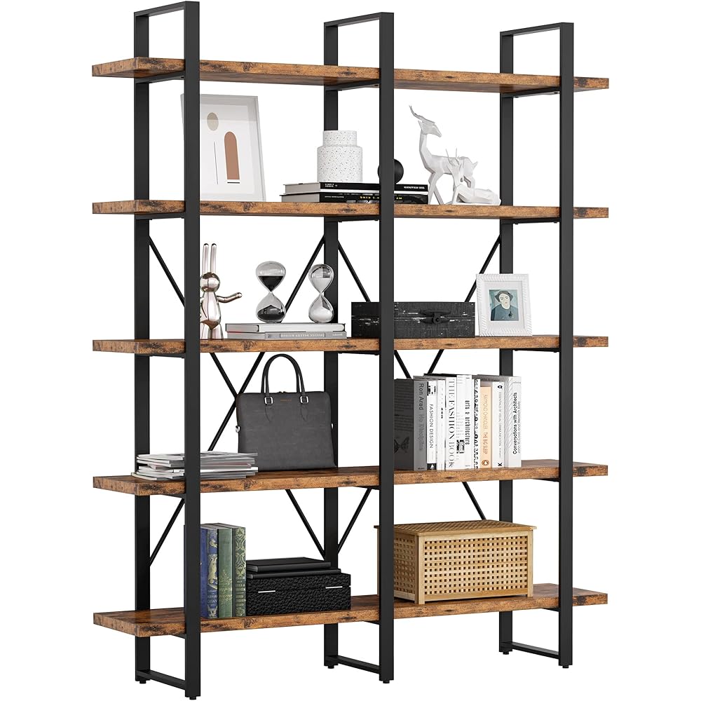 IRONCK Industrial Bookshelf and Bookcase Double Wide 5 Tier, Large Open Shelves, Wood and Metal Bookshelves for Home Office Furniture, Easy Assembly : Home & Kitchen