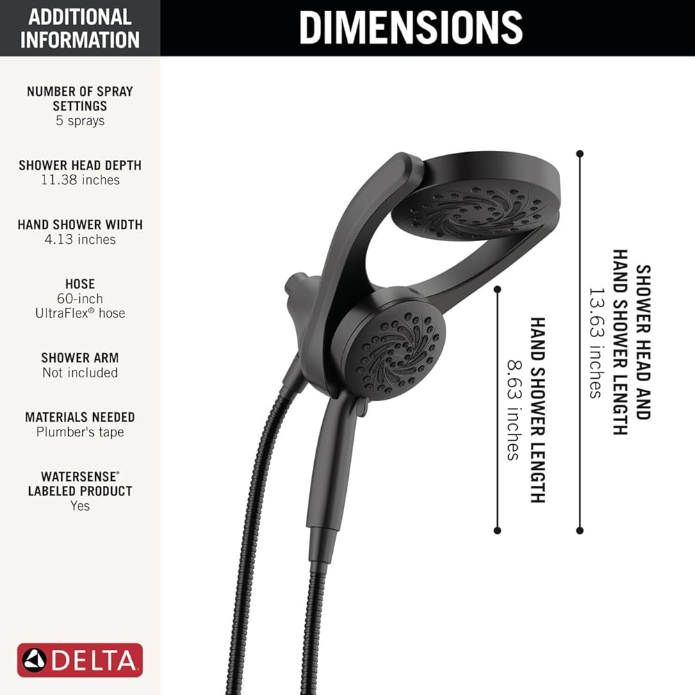Delta 5-Setting HydroRain 2-in-1 Dual Shower Head with ProClean Spray, Matte Black High Pressure Shower Head with Handheld Spray, 1.75 GPM Flow Rate, Matte Black 75419BL -