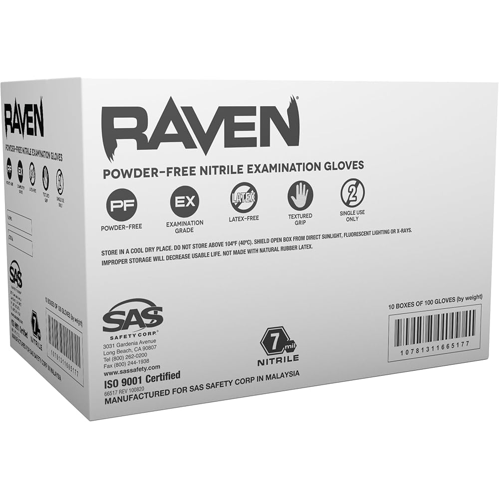 Raven Powder Free Nitrile Disposable Gloves - 10 Boxes / 100 Ea. | 1000 Gloves Total |7 Mil | Latex Free, Single Use |: Tools & Home Improvement