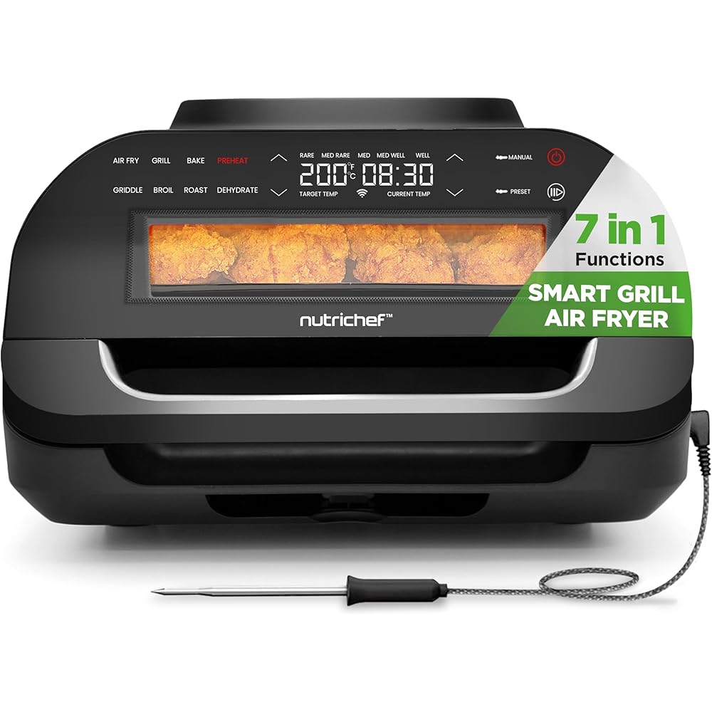 NutriChef Indoor Smokeless Grill | Smart Grill & Air Fryer with 7 Cooking Functions | 6L Capacity | Includes Smart Thermometer | Precise Temperature Control | Non-Stick Removable Grill Plates: Home & Kitchen