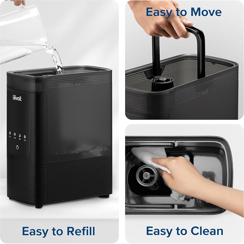 LEVOIT 6L Smart Warm and Cool Mist Humidifiers for Home Bedroom, 60H Runtime and Auto Customized Humidity for Large room, Schedule, Easy Top Fill, Essential Oil Diffuser, Whisper-Quiet, Handle, Black : Home & Kitchen