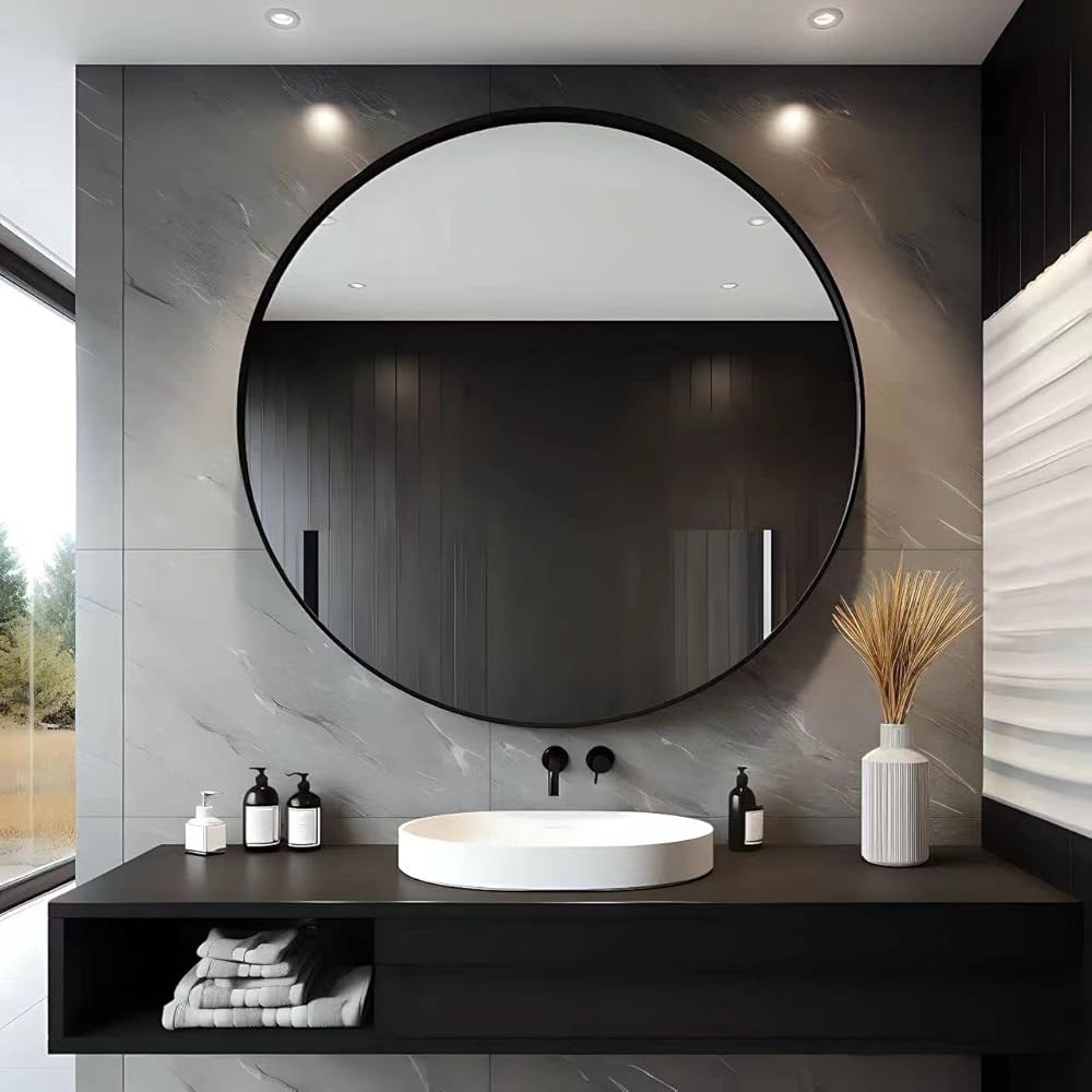 USHOWER Black Round Mirror 30 Inch Bathroom Vanity Circle Mirror - Elegant Wall Mirror with Metal Frame for Living Room, Entryways : Home & Kitchen