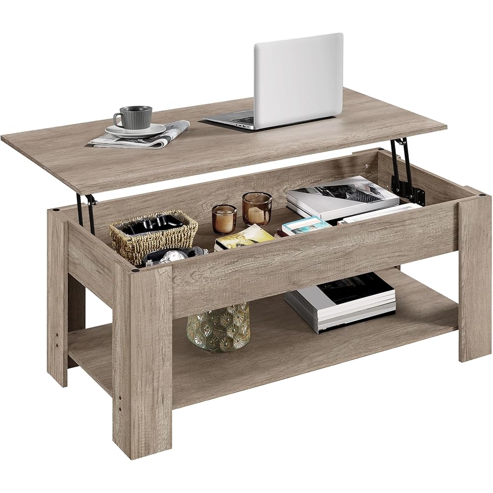 Yaheetech Lift Top Coffee Table with Hidden Compartment and Storage Shelf, Rising Tabletop Dining Table for Living Room Reception Room, 38.6in L, Grey : Home & Kitchen