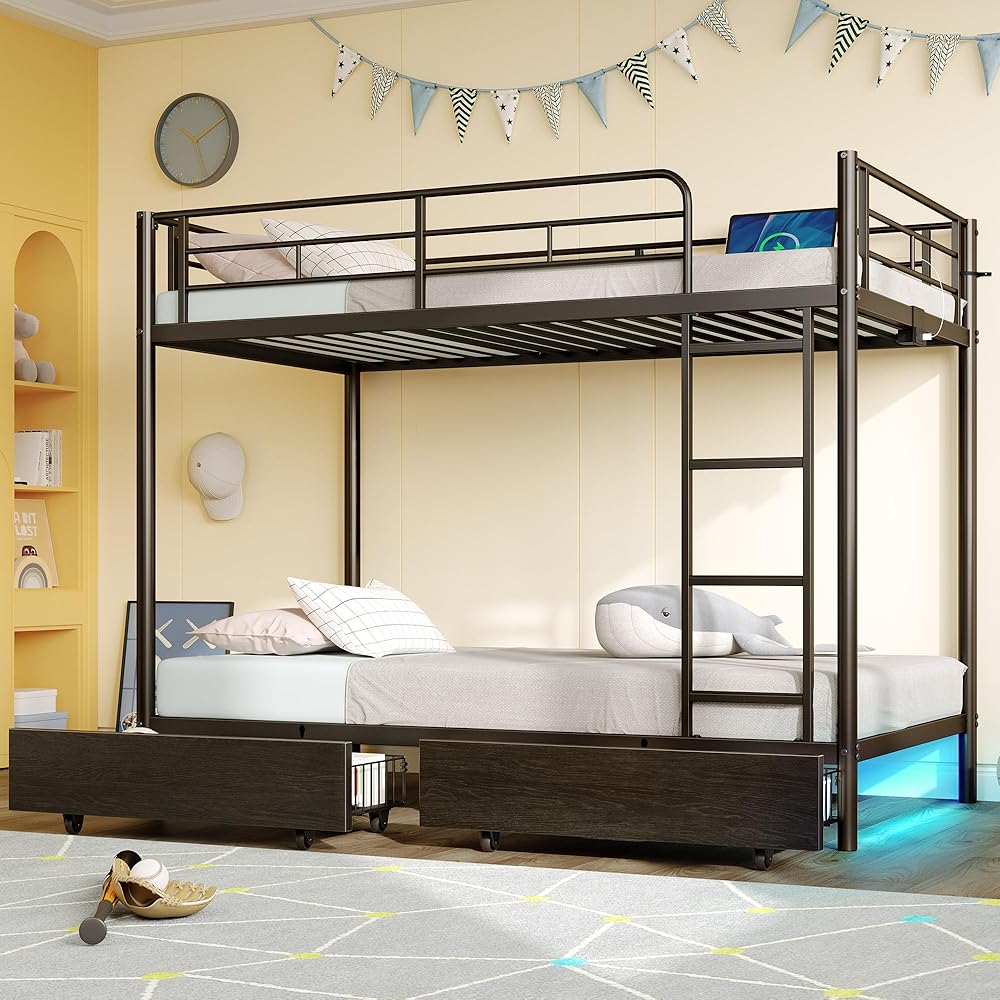 Rolanstar Metal Bunk Bed Twin Over Twin with USB Charging Station, LED Bunk Bed with 2 Storage Drawers, Bed with Safety Guardrail & Ladders, No Box Spring Needed, Easy Assembly, Black : Home & Kitchen