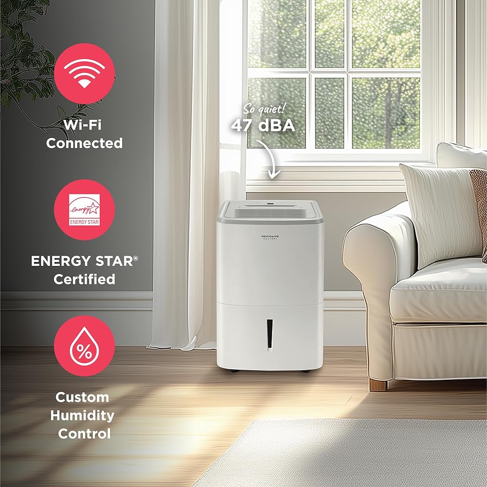 - Frigidaire 50-Pint Portable Dehumidifier with Wi-Fi and Energy Star Certification for Medium/Large Rooms & Basements, Custom Humidity Control, Auto Shut Off, White
