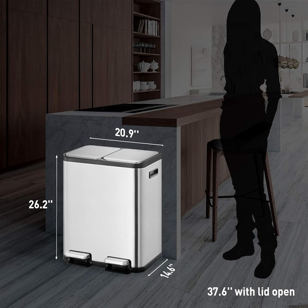 EKO EcoCasa 30L+30L Dual Trash Can with Recycle Bin, Stainless Steel Independent Pedals and Lids, 2 x 8 Gal Trashcans for Kitchen, Soft Close, Fingerprint Resistant : Home & Kitchen